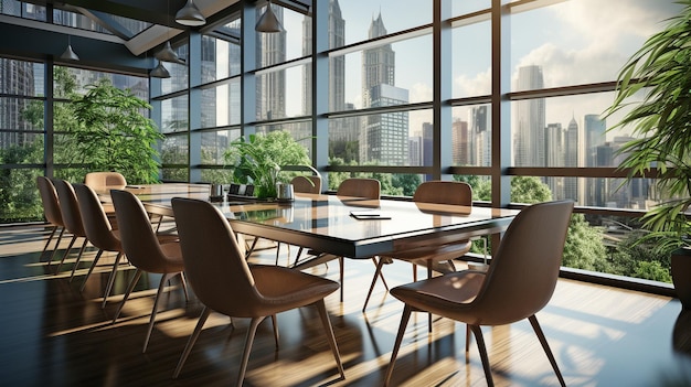 Inside a wooden office space features a meeting table chairs and a panoramic view