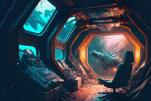 inside of a wreck space ship cyberpunk futuristic evolution generative ai
