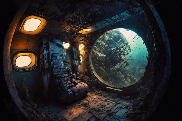 Inside of a wreck space ship cyberpunk interior with intricate parts scifi futuristic evolution Generative Ai