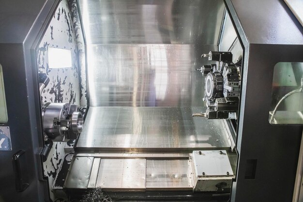 The insides of a CNC lathe at the factory