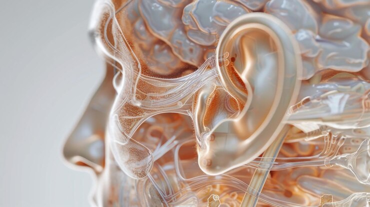 An insightful 3D rendering image depicting the balance system of the inner ear including the vestibular organs utricle saccule and semicircular canals