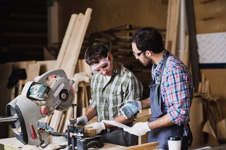 Inspector and carpenter discuss the process of making wood products for furniture