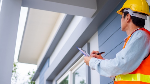 Photo the inspector or engineer is checking the building structure and house roof specifications