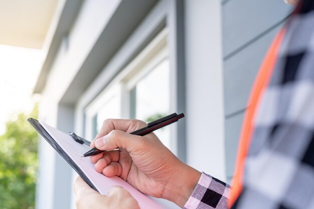 Photo inspector or engineer is inspecting construction and quality assurance new house using a checklist engineers or architects or contactor work to build the house before handing it over to the homeowner