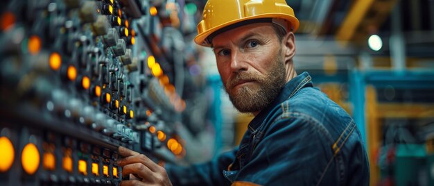 Inspector inspecting the connection of high voltage power lines in an industrial distribution fuseboard by an electrician