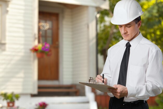 Photo inspectors or engineers man wearing a hard hat and checking the building structure