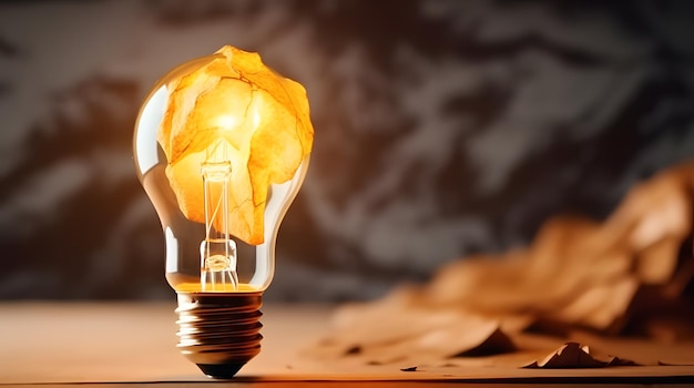 Inspiration concept crumpled paper light bulb on board