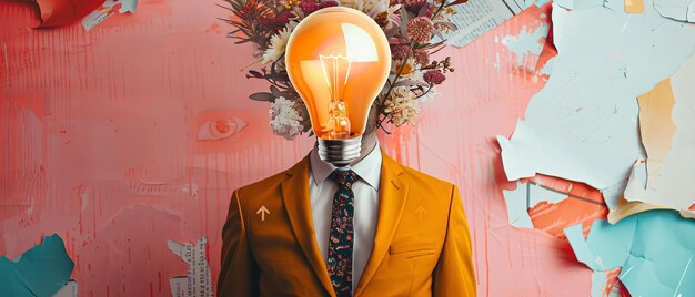 The inspiration ideas and power of new ideas A man in a business suit with an electric bulb instead of his head Contemporary design contemporary art collage Stay motivated