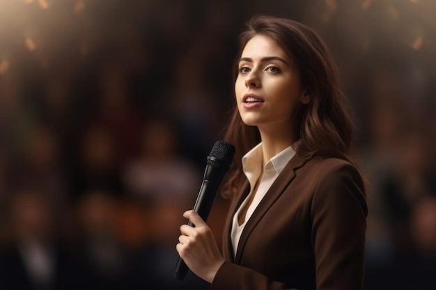 Inspirational Female Speaker in Suit Addressing Audience on Stage