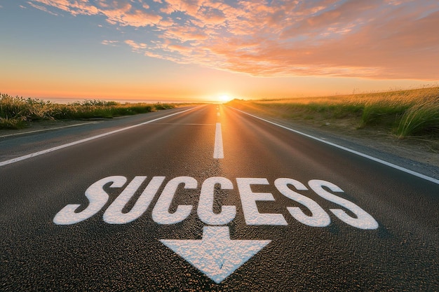 Inspirational Highway with Sunset and SUCCESS Text