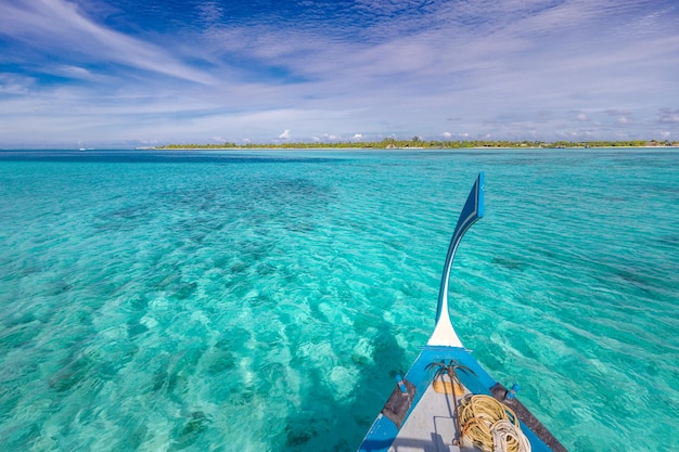 Inspirational Maldives beach design. Maldives traditional boat Dhoni and perfect blue sea lagoon