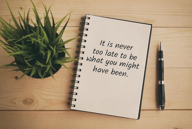 Inspirational and motivation quote on note pad It is never too late to be what you might have been