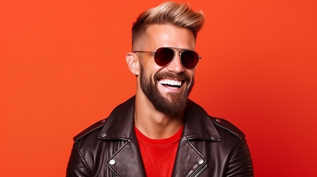 inspired man smile wear sunglass leather jacket isolated on red background