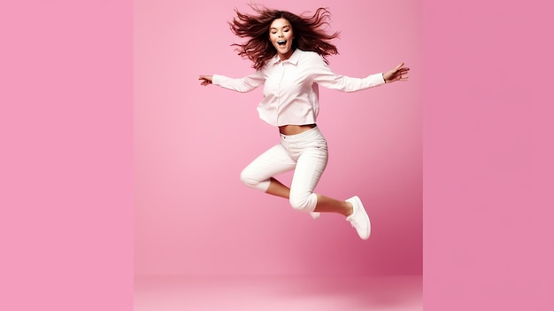 inspired positive girl in white sneakers dancing on pink background