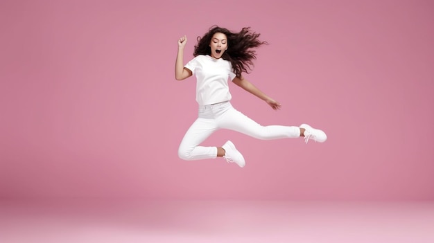 白いスニーカーを履いてピンクの背景で踊るインスピレーションを受けたポジティブな女の子