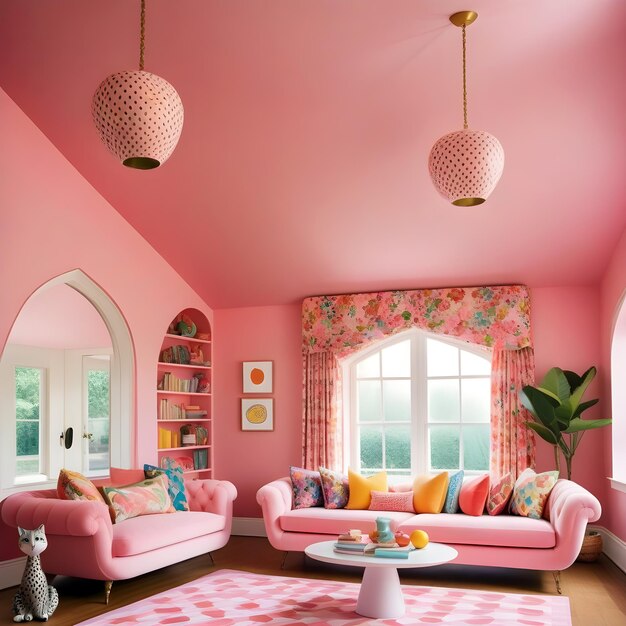 Photo inspired wonderland sitting area with colorful pillows and checked carpet