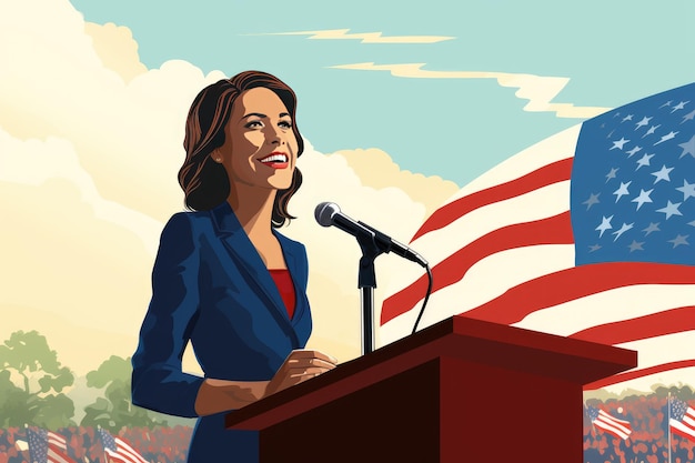 Inspireren en versterken De stralende stem van een vrouwelijke politicus schittert tijdens politieke bijeenkomsten