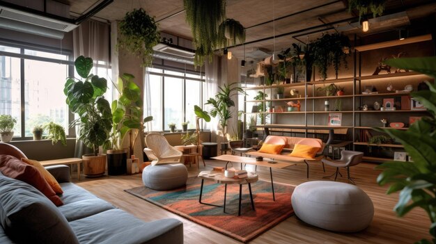 Inspirerend kantoorinterieurontwerp in Bohemische stijl Coworking met eclectische vibe architectuur Generatieve AI AIG 31