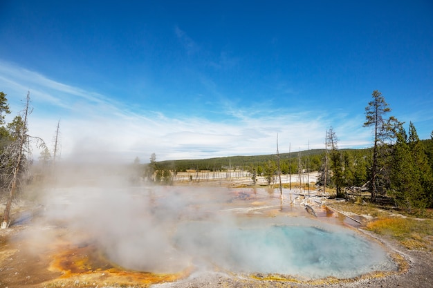 Foto inspirerend natuurlijk landschap. velden met zwembaden en geisers in yellowstone national park, vs.