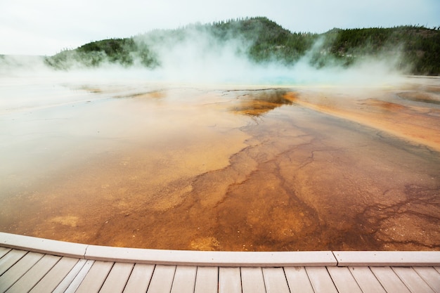 Foto inspirerend natuurlijk. velden met zwembaden en geisers in yellowstone national park, vs.