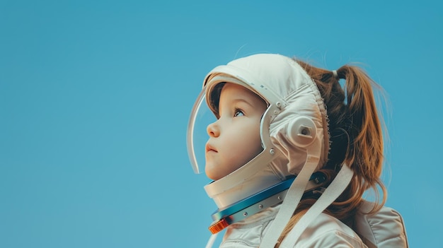 Вдохновляющая 3D-анимация, которая изображает маленькую девочку, одетую в костюм астронавта, смотрящую вверх с удивлением и воображением.