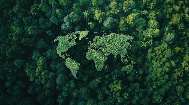 An inspiring aerial perspective of a forest canopy shaping into a world map