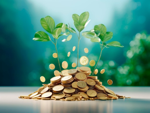 Inspiring concept of growth and prosperity depicted through gold coins and a green plant against a vibrant blue backdrop Emphasis on cycle of wealth accumulation growth rebirth Generative AI