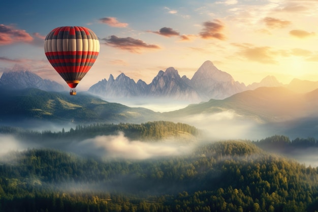 Inspiring and Dreamy Landscape with Hot Air Balloon Flying Over Mountains A Beautiful Travel