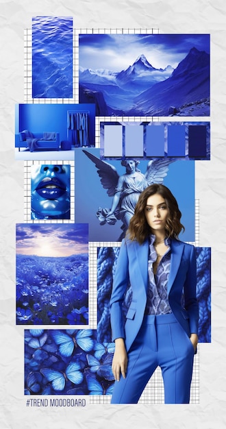 Foto inspirante tavolo dell'umore della moda collage con foto a colori superiori estetica blu