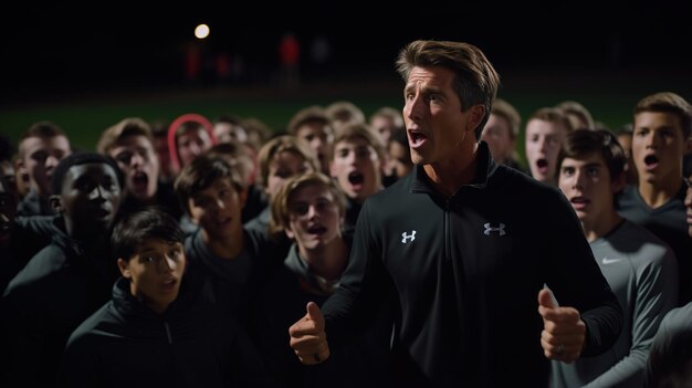 Photo inspiring high school football coach delivering a passionate speech promoting leadership and motiva