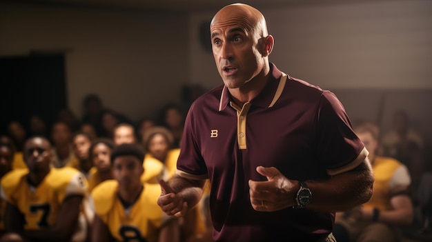 Foto un allenatore di calcio di scuola superiore ispiratore che pronuncia un discorso appassionato che promuove la leadership e la motivazione