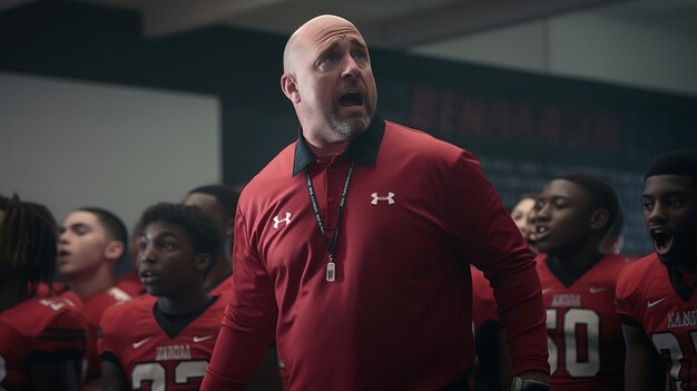 Photo inspiring high school football coach delivering a passionate speech promoting leadership and motiva