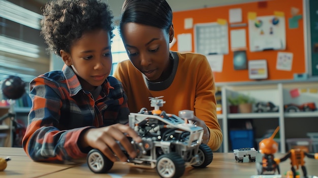 An inspiring image of a young AfricanAmerican boy and his mother engaged in building a robot together They are focused on the task at hand