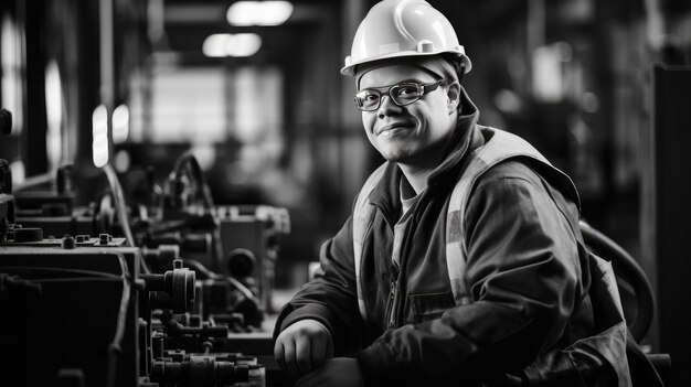 Photo inspiring image of a young man with down syndrome working confidently in an industrial plant