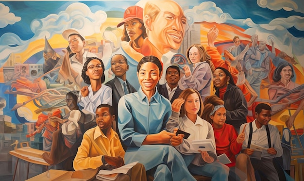 An inspiring mural on the school wall depicting a diverse group of students