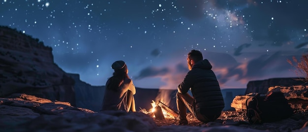 写真 自然を愛する人たち 物語  キャンプファイアのそばに座っている可愛い若い夫婦と一緒に 銀河系の星を見る