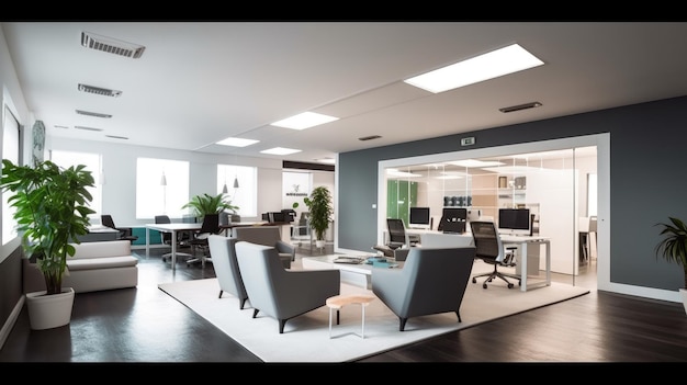 Вдохновляющий дизайн интерьера офиса Современный стиль Корпоративный офис с дизайном Open Space Дизайн с элегантной архитектурой Генеративный AI AIG 31