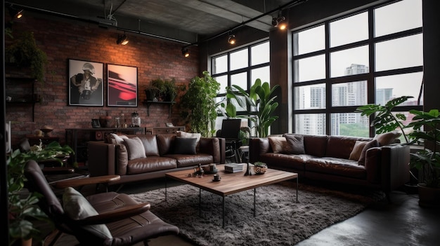 Inspiring office interior design industrial style lounge featuring brick accent architecture generative ai aig 31