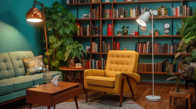 Фото Вдохновляющий дизайн офисного интерьера гостиная в стиле середины века с мебелью в стиле ретро генеративный ai aig 31