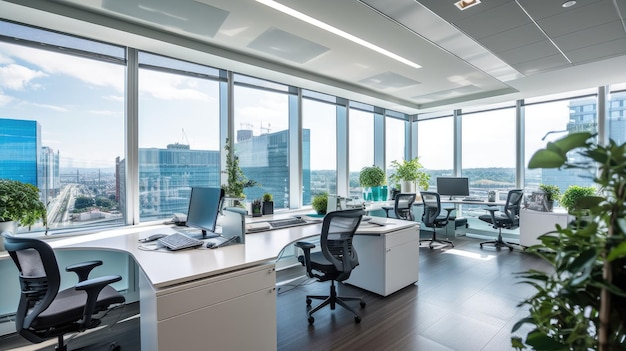 영감을 주는 사무실 인테리어 디자인 넓은 창 구조를 특징으로 하는 현대적인 스타일의 기업 사무실 Generative AI AIG 31