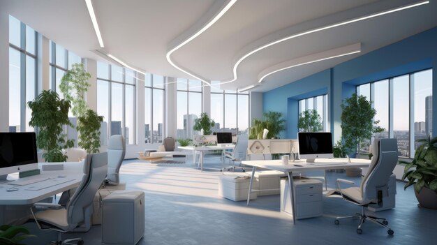 영감을 주는 사무실 인테리어 디자인 넓은 창문 아키텍처를 갖춘 현대적인 스타일의 기업 사무실 생성 AI AIG 31
