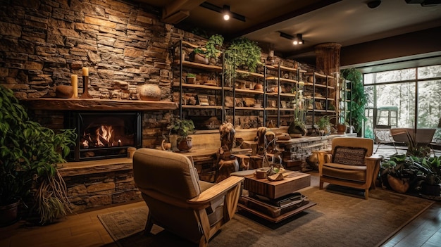 Inspiring office interior design rustic style coworking featuring fireplace architecture generative ai aig 31