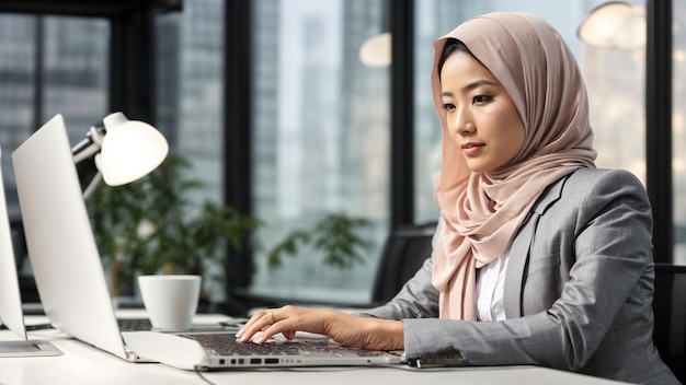 Foto una foto di stock ispiratrice di una donna d'affari asiatica che indossa un hijab che scrive sul suo portatile a un aesth
