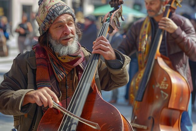 写真 街の広場で演奏するインスピレーションを与えるストリートミュージシャン