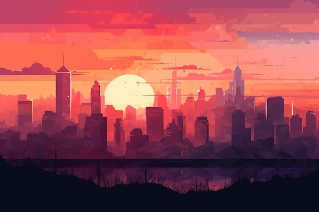 夕日を背景にした街のスカイラインの感動的な眺め AI 生成