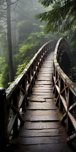 Photo inspiring wooden bridge in a foggy transcendentalist wood