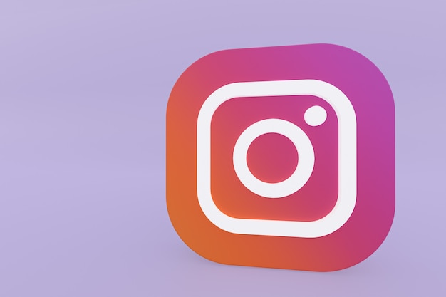 Foto instagram applicatie logo 3d-rendering op paarse achtergrond