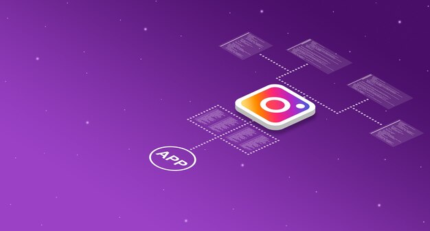 Instagram application icon on the system with program code elements 3d