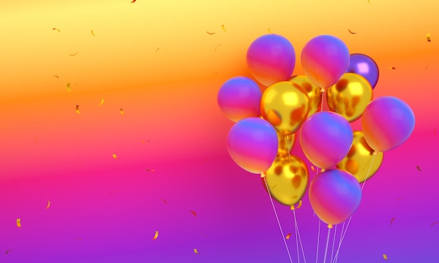 Photo instagram balloons floating with confetti isolated for happy birthday background 3d