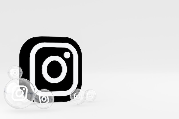 사진 화면 스마트폰 또는 모바일의 instagram 아이콘 및 instagram 반응은 회색 배경의 3d 렌더링을 좋아합니다.